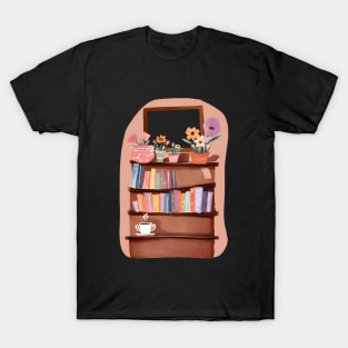 Cute Bookshelf with Flowers and Books and Coffee Cup T-Shirt